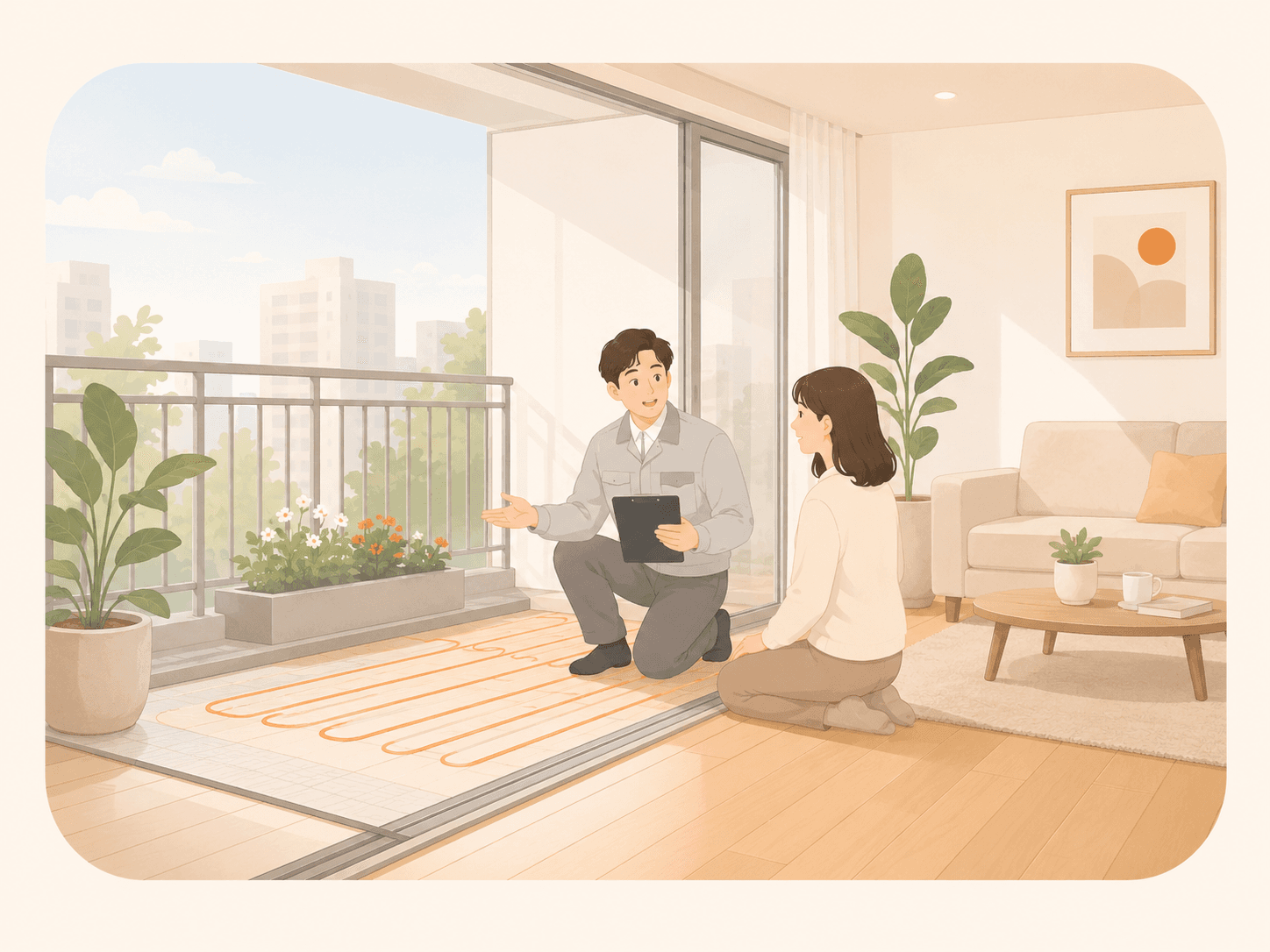 아파트 베란다 확장공간 난방필름 시공 일러스트